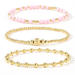 Pink 3Штукатурные браслеты из круглых бусин из стекла и латуни, эластичные., составные браслеты для женщин, золотые, розовые, 6.50 дюйм (16.5 см) ~ 6.89 дюйм (17.5 см)