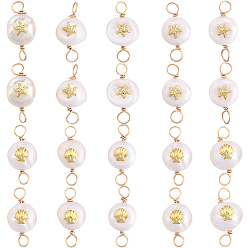 Смешанные Узоры 20 шт. 2 стили класса АА натуральный культивированный пресноводный жемчуг подвески-соединители с золотистыми тонами кусочки сплава морских животных, двух сторон полированной, с двойной петлей из медной проволоки, смешанные узоры, 20~21x8~9x6~8 мм, отверстие : 2.5 мм, 10 шт / стиль