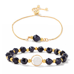 Синий Драгоценный Камень 2шт. наборы браслетов из синтетических синих бусин из золота, браслеты-слайдеры для женщин, 7-1/2 дюйм (19 см), 2 шт / комплект