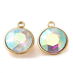 Colorful Golden 304 Stainless Steel Charms, with Glass Findings, Faceted Flat Round, Colorful, 11.5x9.5x5mm, Hole: 1.4mm