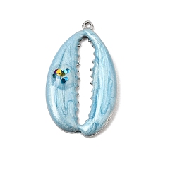 Blue 304 Stainless Steel with Enamel Pendants, with Sequins/ Paillettes Chips, Cowrie Shell Shape Charms, Stainless Steel Color, Blue, 27x15.5x3mm, Hole: 1mm