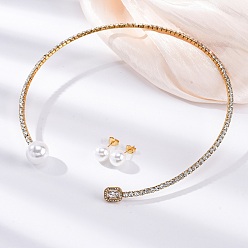 Золотой Круглые пластиковые серьги-гвоздики с имитацией жемчуга и прямоугольные ожерелья-чокеры с кубическим цирконием и стразами, 304 комплект украшений из нержавеющей стали для женщин, золотые, внутренний диаметр: 4.43 дюйм (112.5 мм)