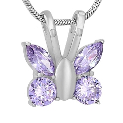 Фиолетовый Ожерелья с подвеской в виде кремационного ящика из нержавеющей стали для памятных вещей домашних животных, бабочка горный хрусталь урна пепел подвески ожерелья для женщин мужчин, цвет нержавеющей стали, фиолетовые, 21.65 дюйм (55 см)