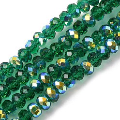 Темно-Зеленый Гальванизируйте прозрачное стекло бисер нитей, рондель, с покрытием AB цвета, с половиным покрытием, граненые, темно-зеленый, 4x3 мм, отверстие : 1 мм, около 145~148 шт / нитка, 17.83~18.31'' (45.3~46.5 см)