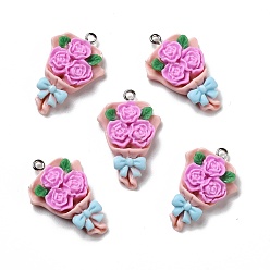 Фиолетовый Непрозрачные подвески смолы, с платиновыми тоновыми железными петлями, роза, фиолетовые, 32x20.5x7 мм, отверстие : 2 мм