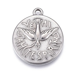 Stainless Steel Color Non-Tarnish 304 Stainless Steel Pendants, Flat Round with Eagle, Stainless Steel Color, 22x19x3mm, Hole: 1.8mm
