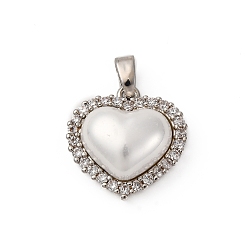 Платина Латунные микро проложить кубического циркония подвески, сердце, с абс пластмассовой имитационной жемчужиной, долговечный, без кадмия и без свинца, стойки покрытие, платина, 16x16x6 мм, отверстие : 2.5x5 мм