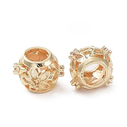 Настоящее золото 14K Реечное покрытие латунь микро паве кубический цирконий европейские бусины, долговечный, без кадмия и без свинца, бусины с большим отверстием, RONDELLE с цветком, реальный 14 k позолоченный, 10.5x8 мм, отверстие : 4.5 мм