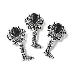 (946F)Морозный цвет внутри  Жонкиль / Непрозрачная зеленая подкладка Подвески из натурального черного агата в форме ангела из латуни, с целью перехода в кольце, античное серебро, 38x19.5x7.5~9.5 мм, отверстие : 2x6.5 мм