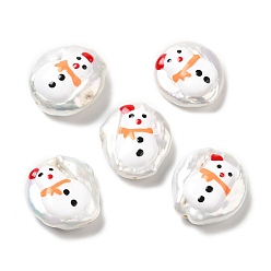 Snowman Baroque Style Natural Keshi Pearl Beads, Hand Drawn Beads, Christmas Theme Beads with Enamel, Flat Round, Seashell Color, Snowman, 17~20x15~17x4~7mm, Hole: 0.7mm