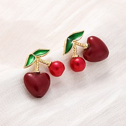 Настоящее золото 18K Серьги-гвоздики из вишневой латуни и АБС-пластика с жемчугом, с эмалью, стойки покрытие, прочное покрытие, без кадмия и без свинца, реальный 18 k позолоченный, 14x17 мм