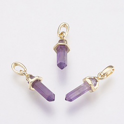 Аметист Подвески из латуни с натуральным аметистом и острым концом, пуля, золотые, 16x5.5x5 мм, отверстие : 2x4 мм