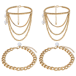 Золотой 4шт. 2 стили многослойные шнурки из сплава цепочка, с алюминиевой цепочкой для предотвращения распускания шнурков на высоких каблуках, золотые, 7-1/8~9-1/4 дюйм (180~235 мм), 2 шт / стиль