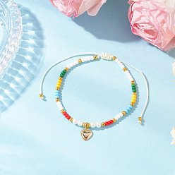 Разноцветный Регулируемые плетеные браслеты из круглых стеклянных бусин, браслеты с подвесками в форме сердца из нержавеющей стали для женщин, золотые, красочный, внутренний диаметр: 304 дюйм (2~3-1/4 см)