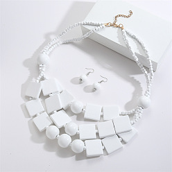 Белый Комплекты из многослойных ожерелий и серег-подвесок из квадратных и круглых бусин из дерева в богемном стиле, золотые, белые, 620 мм