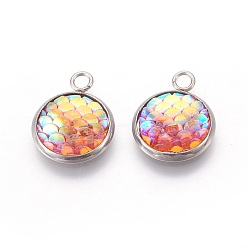 Mixed Color Resin Pendants, with 304 Stainless Steel Finding, Flat Round with Mermaid Fish Scale Shaped, Stainless Steel Color, Mixed Color, 18x14x3.5mm, Hole: 2mm