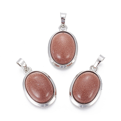 Камень с Пылевым Золотом Синтетические голдстоуновские подвески, с латунной фурнитурой , овальные, платина, 25~26x17~17.5x8~9 мм, отверстие : 8x5 мм