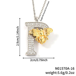 Letter P Подвеска в виде пчелы с микропаве из прозрачного кубического циркония в виде микрофибры, латунная, с инициалами., платиной и золотом, Письмо P, 15.75 дюйм (40 см), Кулон : 29x20 мм