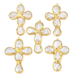 Золотой Большие подвески из жемчуга Natura Keshi, с латунной фурнитурой , крест прелести, белые, золотые, 62.5~74.5x46~52x6~8 мм, отверстие : 1.8 мм