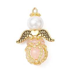 Pink Светящиеся подвески-ангелы из стеклянных бусин ручной работы, с железной петлей, крылом из сплава и стеклянными бусинами, светится в темноте, розовые, 30x20x12 мм, отверстие : 1.4 мм