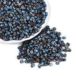 Deep Sky Blue Picasso Glass Seed Beads, Oval, 2-Hole, Deep Sky Blue, 5~6x3~4x2~3mm, Hole: 0.9~1.2mm, about 6425pcs/pound