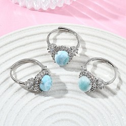 Platinum Brass Micro Pave Cubic Zirconia Cuff Open Rings, Oval, with Natural Larimar, Platinum, Inner Diameter: 18.2mm