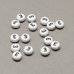 Number Белый и черный акрил, плоские круглые с пит. 3, 7x4 мм, Отверстие : 1.3 мм , около 3600 шт / 500 г