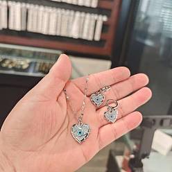 Платина Сердце с рисунком глаза 304 ожерелье с подвеской из нержавеющей стали с микропаве из кубического циркония и комплект из серег-колец, платина, 400 мм и 32x14.9 мм