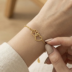 Золотой 304 браслеты звеньев из нержавеющей стали, спутниковые цепи браслеты для женщин, отпечаток лапы и сердце, золотые, 6.10 дюйм (15.5 см)