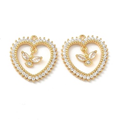 Настоящее золото 18K Латунные микро проложить кубического циркония подвески, сердце с бабочкой, без никеля , реальный 18 k позолоченный, 20x19.5x3 мм, отверстие : 1.2 мм