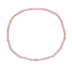 Pink Минималистичные браслеты из стеклянных бусин и латунных бусин для женщин, круглые, золотые, розовые, 6.89 дюйм (17.5 см)