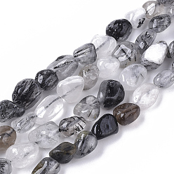 Quartz Rutilated Quartz naturel tourmaliné / perles de quartz rutile noires, nuggets, pierre tombée, 5~11x5~8x3~6mm, Trou: 0.8mm, sur: 52~56 perle / Chapelet, 15.94 pouce (40.5 cm)