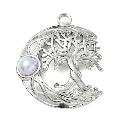 Platinum 304 Stainless Steel Pendants, with Plastic Pearl Bead, Crescent Moon & Tree of Life Charms, Platinum, 44.5x36x5.5mm, Hole: 3.5mm