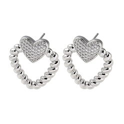 Платина Серьги-гвоздики из латуни с паве из кубического циркония, сердце, платина, 22.5x21 мм