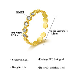 Плоский Круглый 304 Открытые кольца-манжеты из нержавеющей стали со стразами для женщин, золотые, плоско-круглые, 18 мм