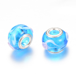 Dodger Blue Rondelle Lampwork Large Hole European Beads, with Silver Color Plated Brass Cores, Dodger Blue, 13~14x10~11mm, Hole: 5mm