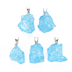 Light Sky Blue Natural Crackle Quartz Pendants, with Platinum Plated Iron Findings, Dyed & Heated, Nuggets, Light Sky Blue, 23~31x16~21x10~16mm, Hole: 4x7mm