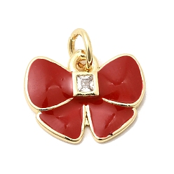 Красный Латунные подвески из прозрачного кубического циркония, с эмалью, без свинца и без кадмия, долговечный, очарование бантом, красные, 11x14.5x2 мм, Перейти кольцо: 5x1 мм, внутренний диаметр: 3 мм