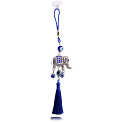 Blue Turkish Style Glass Evil Eye & Alloy Rhinestones Elephant Pendant Decoration, with Polyester Cord Tassel Hanging Ornaments, Blue, 300mm