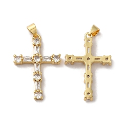 Настоящее золото 18K Покрытие стойки латунь микропаве прозрачные подвески из кубического циркония, долговечный, без свинца и без кадмия, крест очарование, религия, реальный 18 k позолоченный, 30x20x3.5 мм, отверстие : 5x3.5 мм