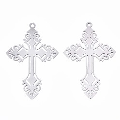 Нержавеющая Сталь Цвет Устойчивые к потускнению 201 филигранные подвески из нержавеющей стали, гравированные металлические украшения, крестик, цвет нержавеющей стали, 40x25x0.3 мм, отверстие : 1.6 мм