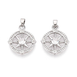 Платина Латунные микропаве прозрачные подвески с фианитом, прелести компаса, платина, 20x17x3 мм, отверстие : 4.5x2.5 мм