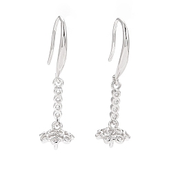 Platinum Anti-Tarnish Rhodium Plated 925 Sterling Silver Earring Hooks, with Clear Cubic Zirconia, for Half Drilled Beads, Platinum, 29mm, 21 Gauge, Pin: 0.7mm and 0.8mm, Tray: 6.5x8mm