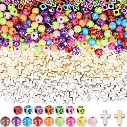 Mixed Color 800Pcs Acrylic Beads, Cube & Round with Cross, with 100Pcs CCB Beads, Cross, Mixed Color, 13x9x3mm, Hole: 1.6mm
