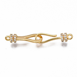 Real 18K Gold Plated Brass Micro Pave Clear Cubic Zirconia Hook and S-Hook Clasps, Nickel Free, Real 18K Gold Plated, 32mm long, Clasps: 17x4.5x4mm, Hole: 1.2mm, Pendants: 17x6x4, Hole: 1.2mm