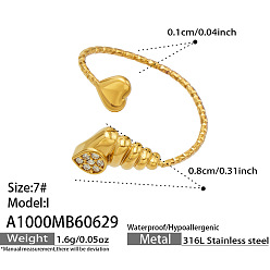 Shell Shape 316 Хирургические кольца из нержавеющей стали с микропаве и прозрачными кубическими циркониями., золотые, формы раковины, внутренний диаметр: 15~20 мм