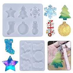 White Christmas Silicone Pendants Molds, Resin Casting Molds, For DIY UV Resin, Epoxy Resin Jewelry Making, Star, Chrismtas Tree, Snowflake, Socks, Snowman, Bell, White, 245x202x15mm, Hole: 5mm