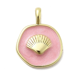 Pink Латунь эмаль подвески, плоский круглый в форме ракушки, стойки покрытие, долговечный, без кадмия и без свинца, реальный 18 k позолоченный, розовые, 18x14x3 мм, отверстие : 3x2 мм