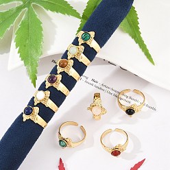 Смешанные камни Бабочка 304 открытые манжетные кольца из нержавеющей стали, кольцо из натурального камня для женщин, реальный 18 k позолоченный, ионное покрытие (ip), 13.5 мм, регулируемый