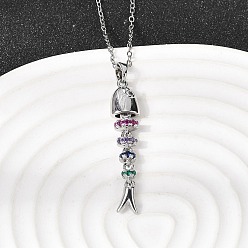 Нержавеющая Сталь Цвет 201 Подвеска в виде рыбьей кости из нержавеющей стали с цветными фианитами, инкрустированная кубическим цирконием, для женщин, цвет нержавеющей стали, 17.68 дюйм (44.9 см)